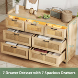 OTMCOOUCH Rattan Dresser for Bedroom with 7 Drawers, Natural Rattan Modern Wooden Wide Led Bedroom Dresser with Led Lights, Chest of Drawers for Bedroom, Living Room (7 Drawers) OTMCOOUCH