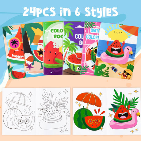 Dvbonike 24Pcs Watermelon Coloring Books Summer Themed DIY Color-in Pages with Seaside Beach Sunglasses Drawing Party Favors Gifts Home School Classroom Game Art Activity Supplies for Kids Age 4-8 Dvbonike