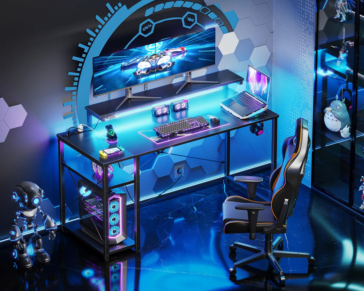 MOTPK Gaming Desk with Led Lights & Power Outlet, 47 Inch Gaming Computer Desk with Shelves, Reversible Gamer Desk Table with Adjustable Monitor Stand & Headphone Hook, Carbon Fiber Texture, Black MOTPK