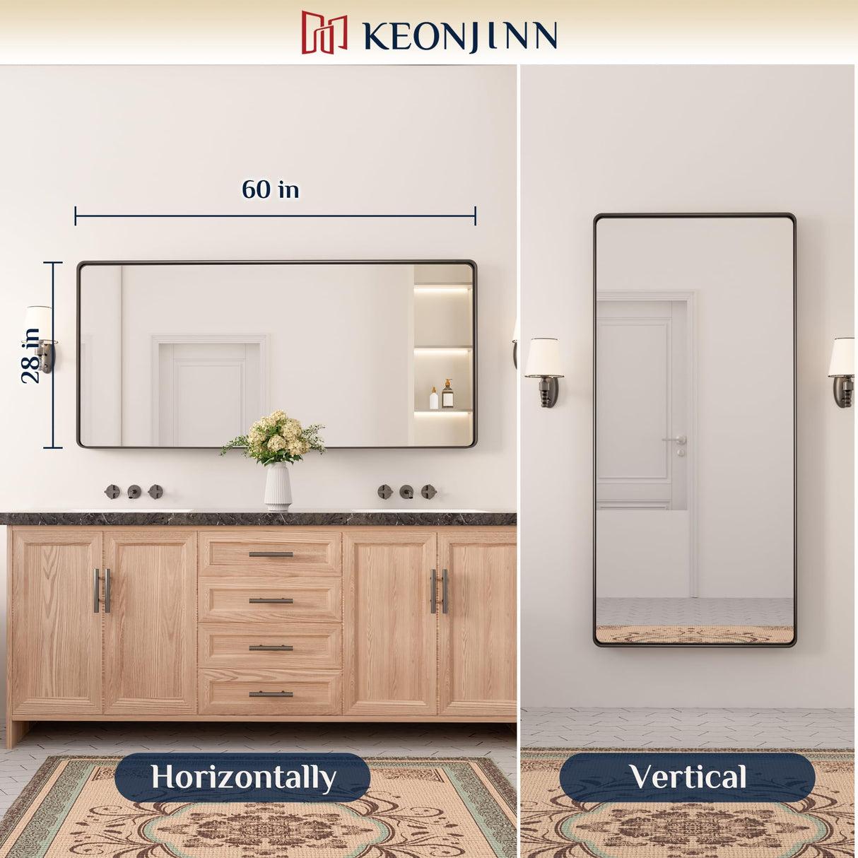 Keonjinn Black Metal Framed Bathroom Mirrors for Wall, 60” x 28” Large Rounded Rectangle Bathroom Vanity Mirror, Matte Black Modern Decorative Mirror, Anti-Rust, HD Tempered Glass(Horizontal/Vertical) Keonjinn