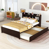 Full Size Bed Frame with Trundle and Storage Headboard,Full Size Trundle Bed with Bookcase for Kids,Bookcase Bed for Teens,Adults(Espresso) Bellemave