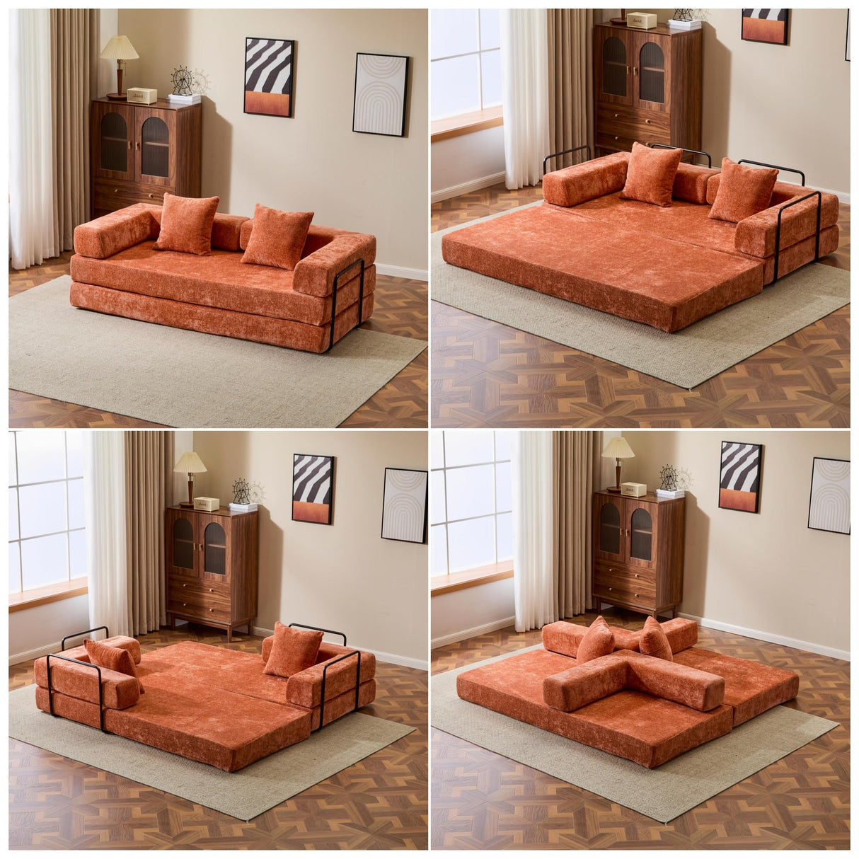 Trygoal Convertible Floor Sofa Bed, Foldable Mattress Cloud Couch with Pillow Back & Armrest, Chenille Sleeper Sofa Bed with Fixed-Shape Frame, Compressed Couch for Living Room Bedroom, Orange Trygoal