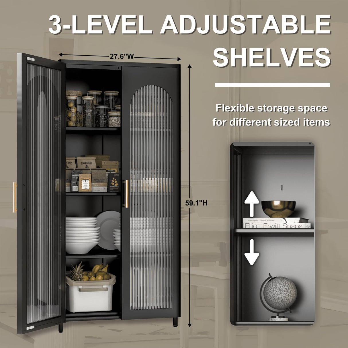 VASAAOSD Kitchen Pantry Storage Cabinets, Metal Sideboard Storage Cabinet with Glass Doors and Adjustable Shelves, Modern Furniture Pantry Cabinet for Kitchen, Living Room and Dining Room, Black VASAAOSD