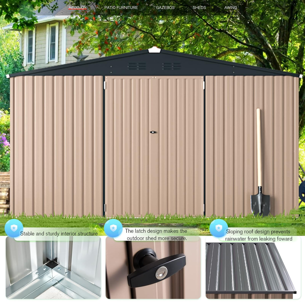 AECOJOY Shed 12' x 10' Outdoor Storage Shed for Ourdoor, Extra Large Metal Steel Yard Shed with Design of Lockable Doors, Utility and Tool Storage for Garden, Backyard, Patio, Outside use AECOJOY