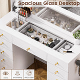 43.3" Vanity with Large Mirror and 10 LED Lights, Vanity Desk with Glasstop, 11 Drawers with Crystal Handles, Dressing Table with Power Outlet as Gift for Women, Girls (White) DINGIPP