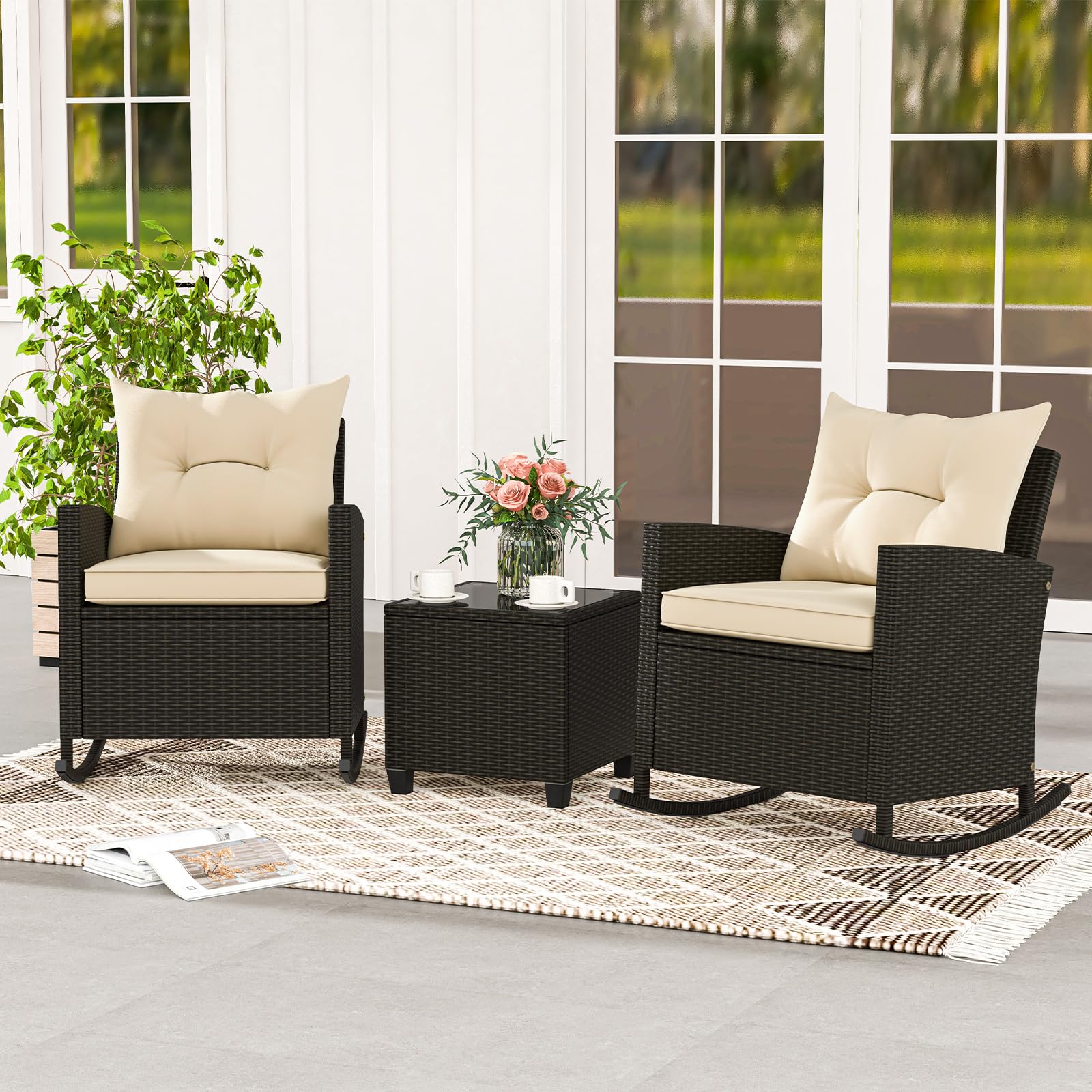 Tangkula 3 Piece Wicker Rocking Set, Patio Rattan Roker Chairs with Tempered Glass Table & Soft Cushions, Outdoor Furniture Set for Backyard, Poolside Porch (Beige) - WoodArtSupply