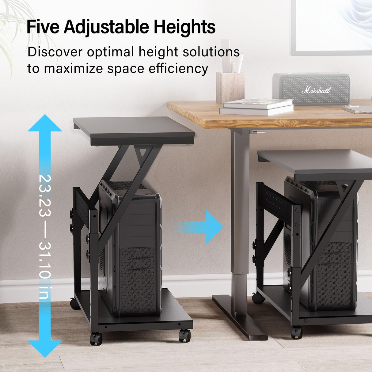 Faesun Computer Tower Cart - Height Adjustable PC Stand, 2-Tier ATX-Case CPU Holder Home Office Gaming Desk Accessories with Rolling Lockable Wheels, Laptop Table Standing Computer Desk, Rustic Black Faesun