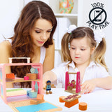 BR Play Wooden Dollhouse - Portable and Foldable Doll House with Little People Figurines & Dollhouse Accessories - Classic Preschool & Toddler Toy with Dollhouse Furniture & Pretend Swing Playset. BR Play
