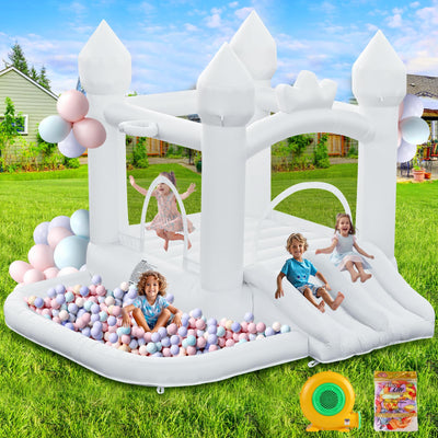FINCOME White Bounce House, Inflatable Bounce Castle with Double Slide Ball Pit 370W Blower Bouncer for Toddler, Bounce House Bouncy Castle for Indoor Outdoor Backyard Wedding Kids Birthday Party
