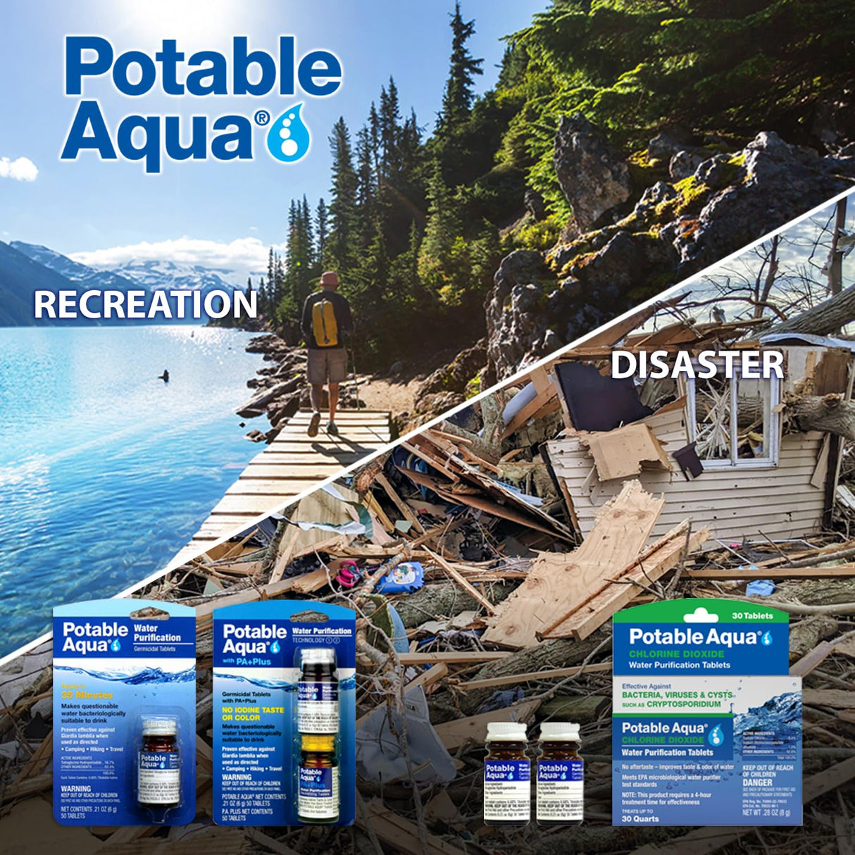Potable Aqua Water Purification Tablets, Portable and Effective Water Purification Solution for Camping, Hiking, Emergencies, Natural Disasters and International Travel, Two 50ct Bottles, Blue potable aqua