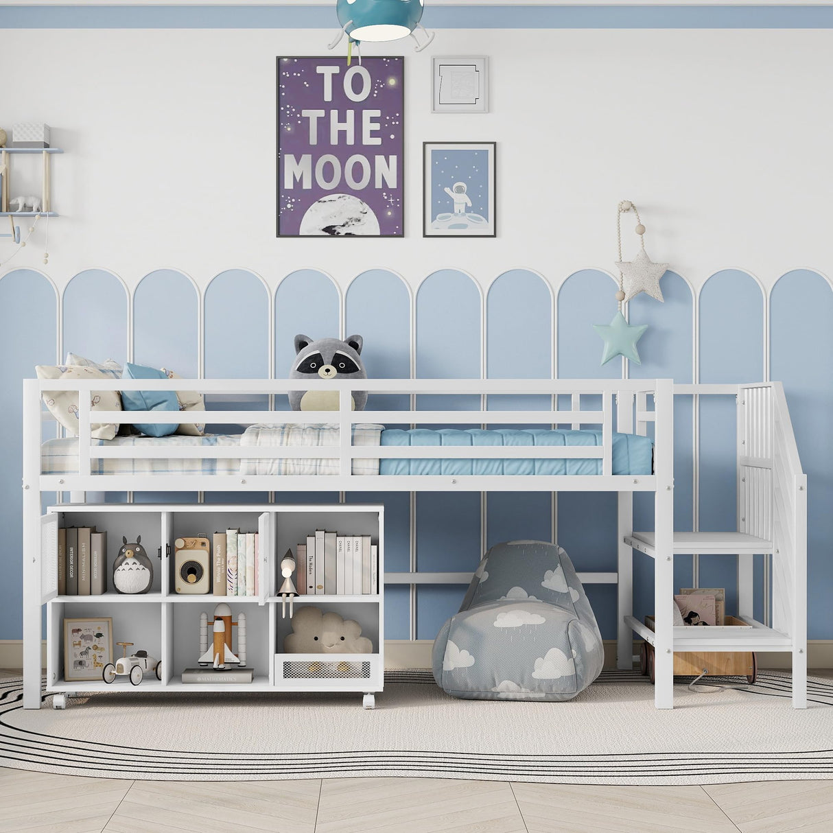 LUMISOL Twin Low Loft Bed with Stairs, Metal Loft Bed with Storage Cubby, No Noise, White LUMISOL
