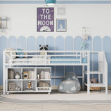 LUMISOL Twin Low Loft Bed with Stairs, Metal Loft Bed with Storage Cubby, No Noise, White LUMISOL