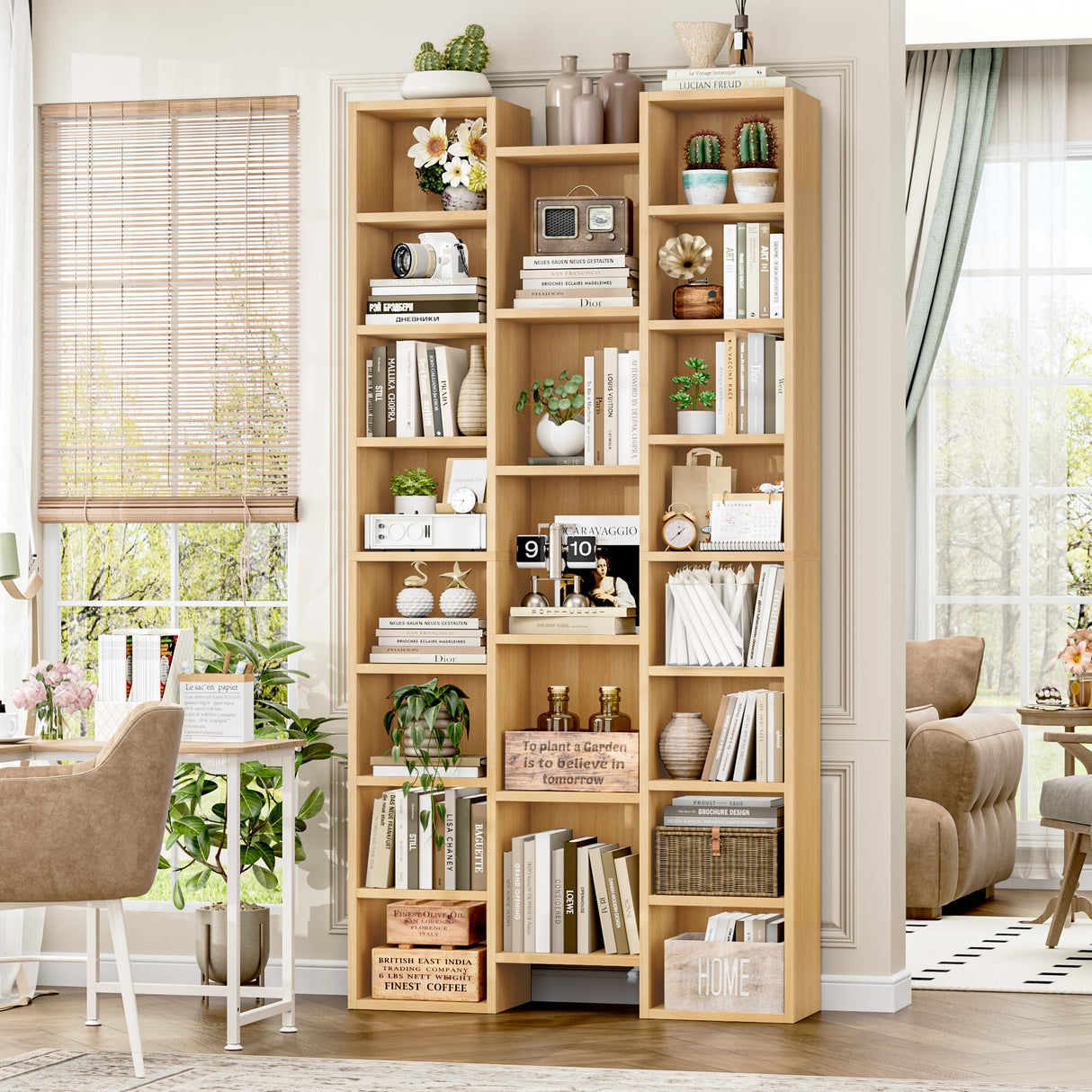 FOTOSOK 71’’ Tall Bookshelf, Triple Wide Bookshelf with Adjustable Shelves, 8 Tier Media CD DVD Storage Rack, Diaplay Cabinet Shelf, Wooden Book Shelf DVD Storage Shelf for Home Office, Natural FOTOSOK