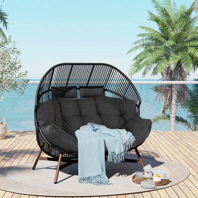 Grand patio Outdoor Modern 2-Seat Wicker Egg Chair with Cushion, Stationary Patio Loveseat Accent Chair, Grey