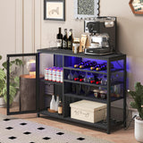 TopCity LED Industrial Wine Bar Cabinet Coffee Buffet Sideboard with Storage for Liquor and Glasses Wood Metal Sideboard with Wine Racks for Home Kitchen Dining (Gray, 43.31"*13.78"*32.87") TopCity