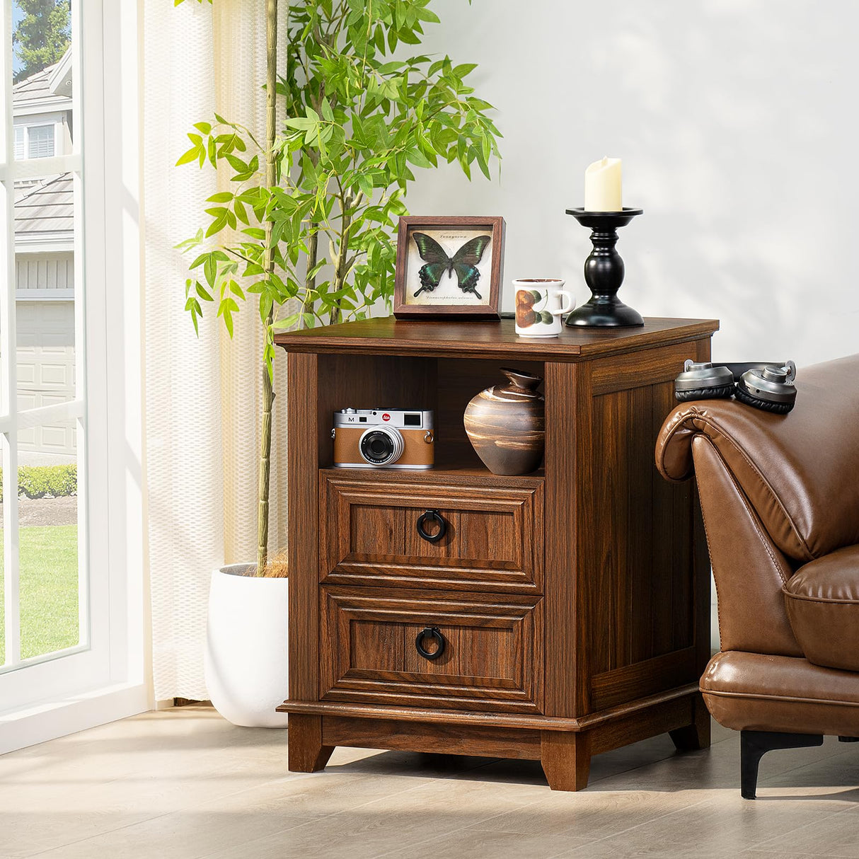 Joaxswe 18" Farmhouse Night Stand with Charging Station, 2 Drawers End Table Dresser for Bedroom, Brown Wooden Nightstand, Bed Side Table with Open Shelf, Bedside Cabinet for Living Room, Closet Joaxswe