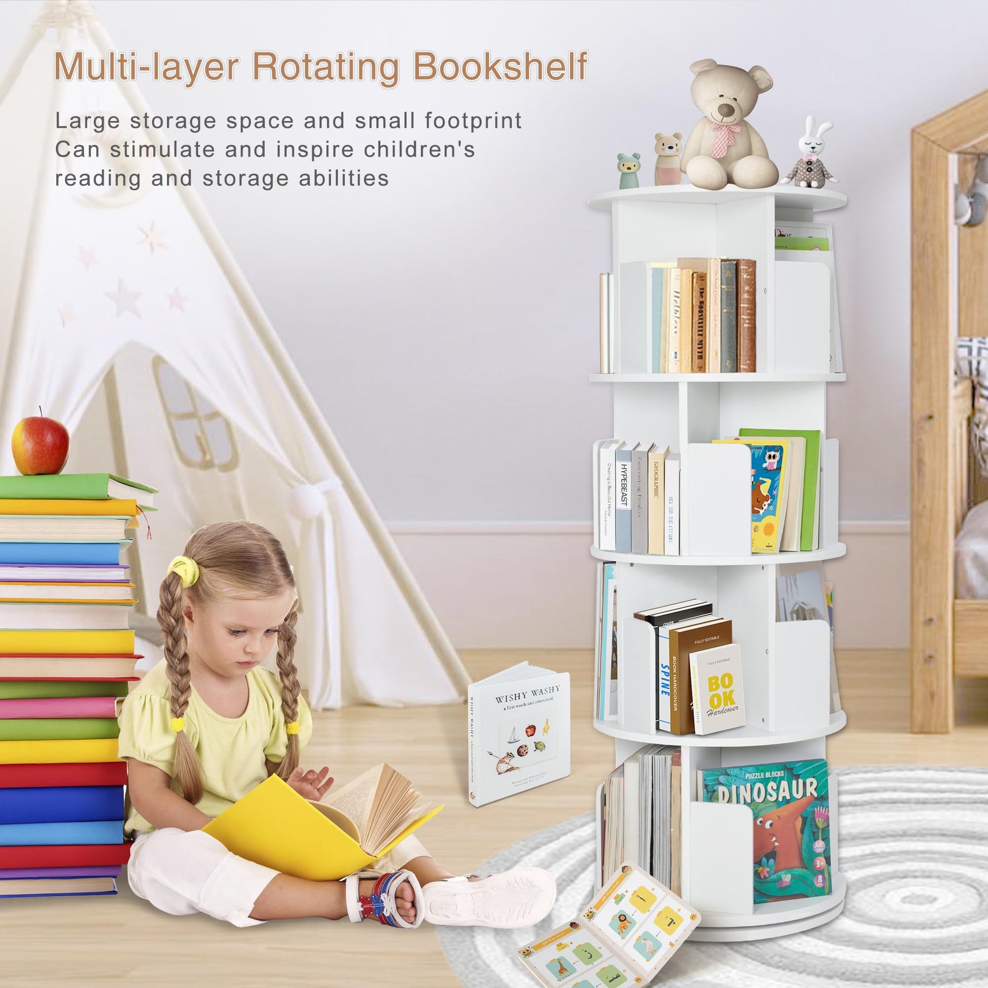 JOLIE VALLÉE TOYS & HOME 4-Tier Rotating White Bookshelf - Space-Saving Floor Stand Bookcase for Small Rooms - WoodArtSupply