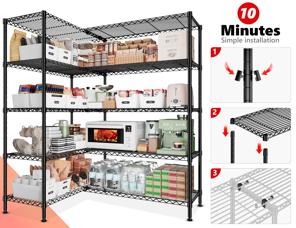REIBII 5-Tier Heavy Duty Metal Wire Shelves, Industrial Style, 61.7"W x 72.4"H x 15.8"D, 1500 LBS Capacity, Adjustable, Rust Resistant, 2 Pack REIBII
