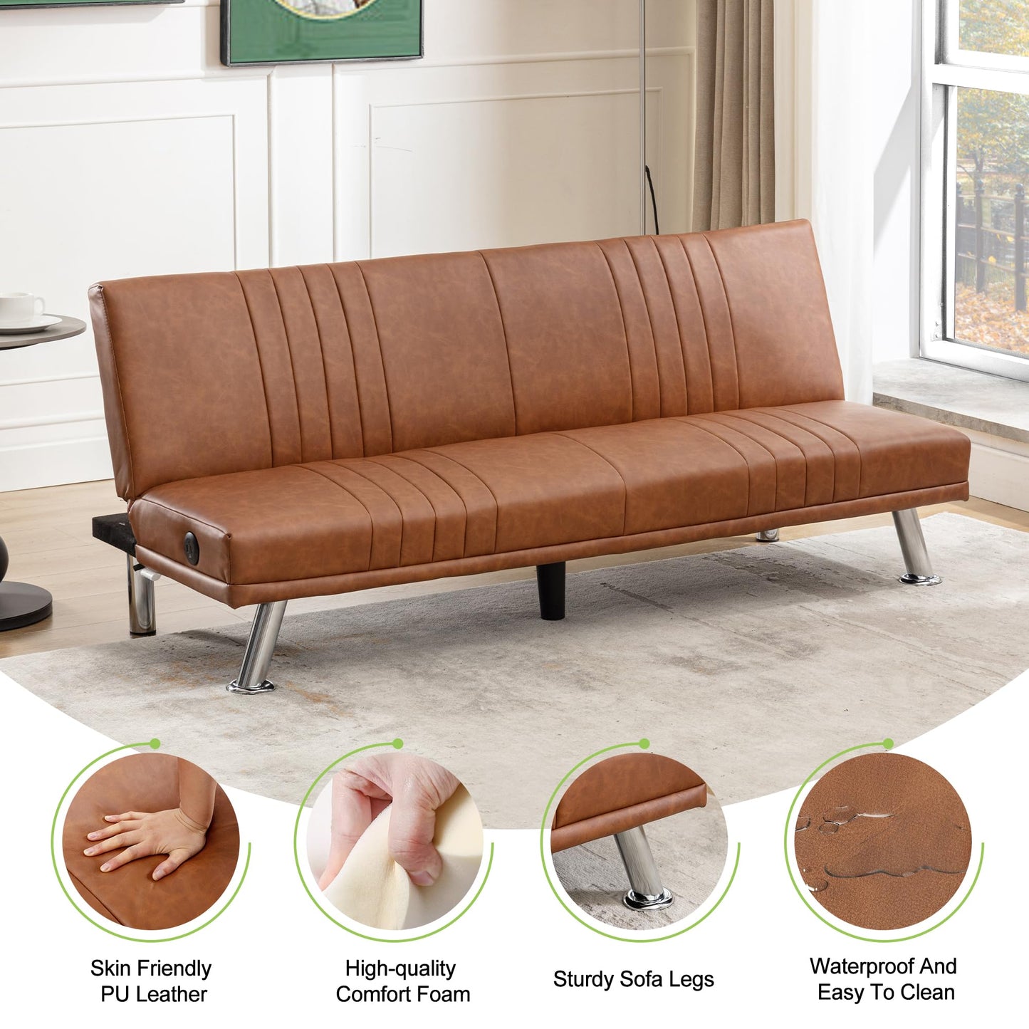 VECELO Modern Couch Bed, Convertible Sofa Bed/Folding Sleeper Couches Faux Leather Futon for Living Room, Futon Sofa Bed, Brown