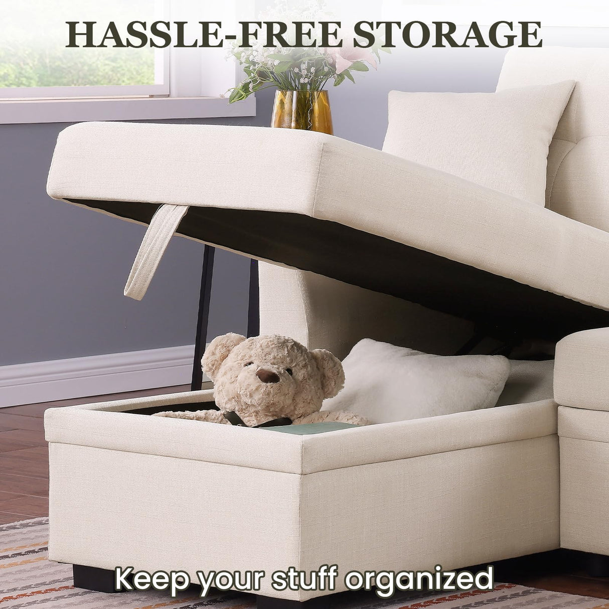 Yafylly L-Shaped Sofa with Storage and Pull-Out Bed, Convertible Futon Chaise Lounge with Ports, Recliner for Living Room, Bedroom, Apartment, Office, Beige Yafylly