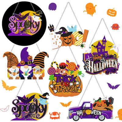 Chiisong 6 Pcs Halloween Diamond Art Painting Kits Hanging Sign Set Witch Pumpkin Gnome Glow in The Dark Diamond Art Painting Kits Halloween Hanger Adult 5d DIY Craft for Wall Door Window Porch Decor