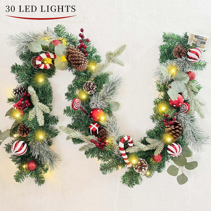 WANNA-CUL Pre-Lit 6 Feet/ 72 Inch Christmas Garland with Lights for Front Door Red White Christmas Mantel Garland Decoration with Ball Ornaments,Candy Canes,Eucalyptus Leaves, Battery Operated 30 LED