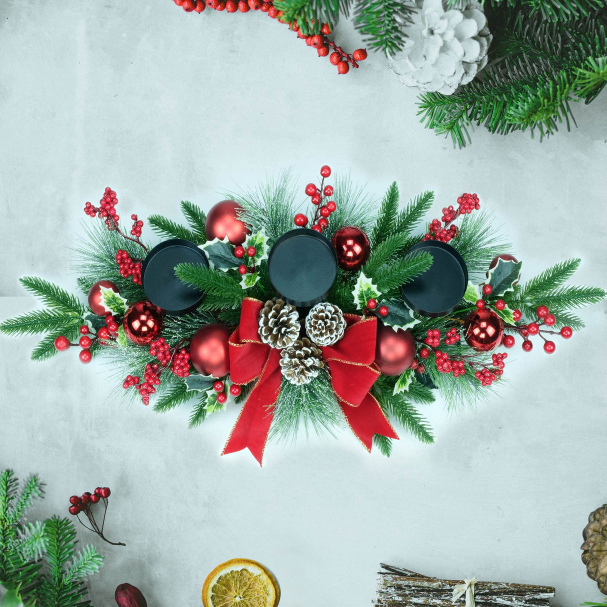 YULETIME 28" Christmas Triple Candelabrum, Holiday Candle Holder with Three Trays, Red Bowknot & Baubles, Natural Pine Cones, Red Berries, Green Leaves Holly, Spruce Branches, Pine Needles YULETIME