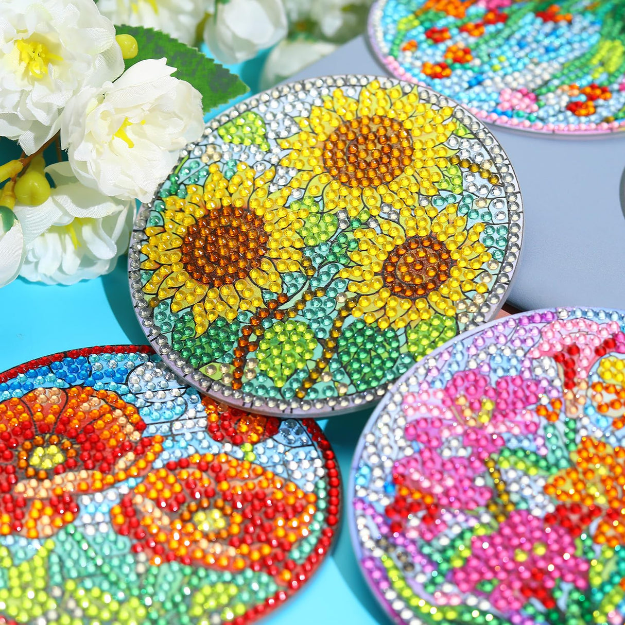 8 PCS Flowers Diamond Art Coasters Kits, Diamond Painting Coasters with Holder Set of 8, DIY Drink Coasters Art Crafts Supplies for Adults Cup Mat for Home Decor House Warming Gifts Non-Slip 3.9inch FOXKISS