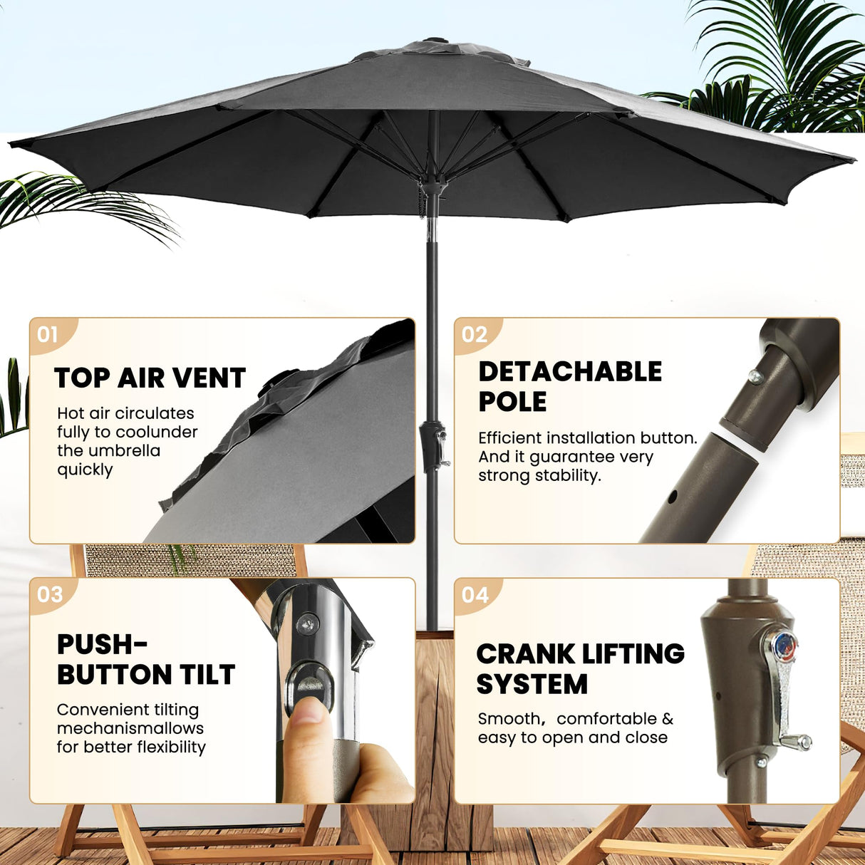 Ayge 9FT Large Outdoor Patio Umbrella Market Table Umbrella-UV Resistant, Easy Push Button Tilt and Crank, 8 Sturdy Fiberglass Ribs Heavy-Duty Pool Umbrella for Deck, Backyard,Garden, Yard,Black Ayge