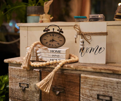 LARAINEIK 3 Pieces Wooden Decorative White Books, Rustic Farmhouse Book Stack, Faux Books for Coffee Table Shelves with Wood Bead Tassels and Leaves, for Modern Home Decor, 7'x 4.6'x 2.5'