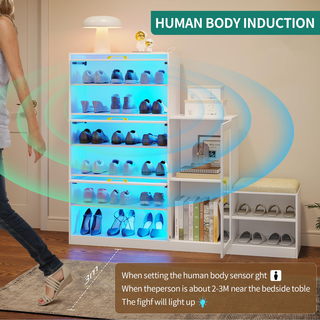 LVSOMT Modern Shoe Storage Cabinet with Shoe Bench, Freestanding Rack with Mirror, LED Light, & Charging Ports, Hidden Organizer, Large Wooden Cabinet for Entryway (White) LVSOMT