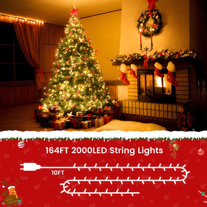 Areker 164ft 2000LED Christmas Lights Outdoor Indoor, Green Wire Christmas Day String Lights Plug in, Ultra Bright 8 Modes Waterproof Fairy Lights for Xmas Tree Party Wedding Decoration, Warm White