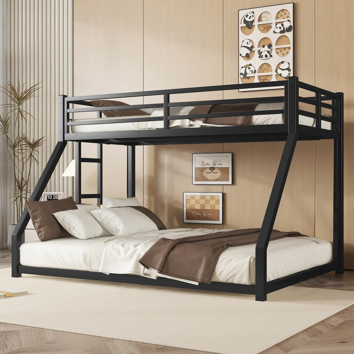EMKK Twin Over Full Bunk Bed for Adults, Metal Bunk Beds Twin Over Full Size for Teens Dorm Bedroom Guest Room,Heavy Duty Bunk Beds with Ladder and Safety Full Length Guardrail (Black A) EMKK