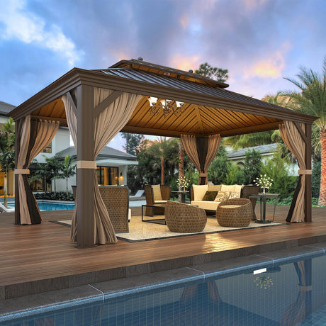 EROMMY 12' X 16' gazebos on Clearance, Hardtop Gazebo Aluminum Gazebos with Galvanized Steel Double Roof for Patio Lawn and Garden, Curtains and Netting Included, Dark Bronze EROMMY