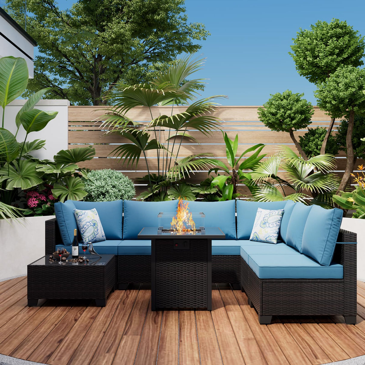 Ophelian 8 Piece Patio Furniture Set with Fire Pit Table, Wicker Outdoor Sectional Sofa Set with Thick Anti-Slip Chusions, Patio Conversation Sets for Backyard, Garden, Deck (Brown/Peacock Blue) Ophelian