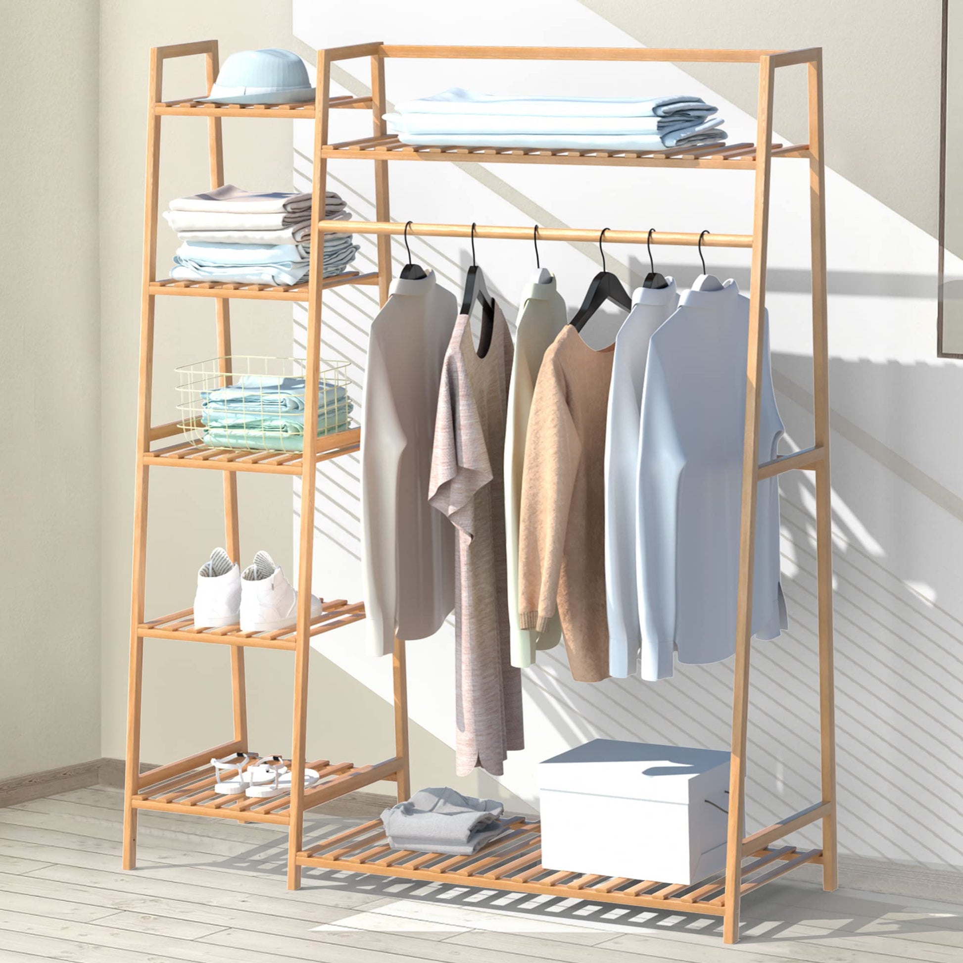 43.5" Bamboo Garment Rack - Free Standing Clothes Coat Hanger, Rolling Closet Organizer with Shoe Rack, Wardrobe Storage Shelves for Hall, Living Room, Bedroom, Office - WoodArtSupply