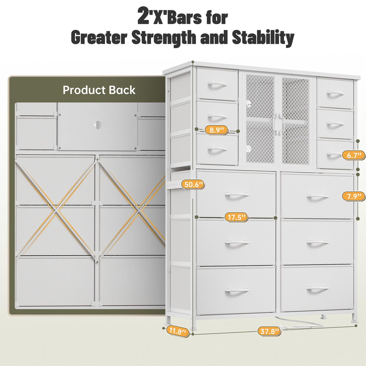 EnHomee Tall Dresser for Bedroom with 12 Drawer Dressers & Chests of Drawers for Closet with Power Outlets & LED Lights Sturdy White Dresser with PU Finish Wooden Top and Metal Frame Mesh Door EnHomee