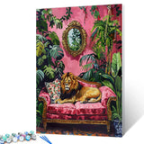 Fierce Lion Paint by Numbers Tropical Green Leaves Paint by Numbers Kits Children,Bohemia Pink Room Painting Art Craft Drawing with Brushes Decor Decorations Gifts Without Framed 16''W x 20''H Aihonmin