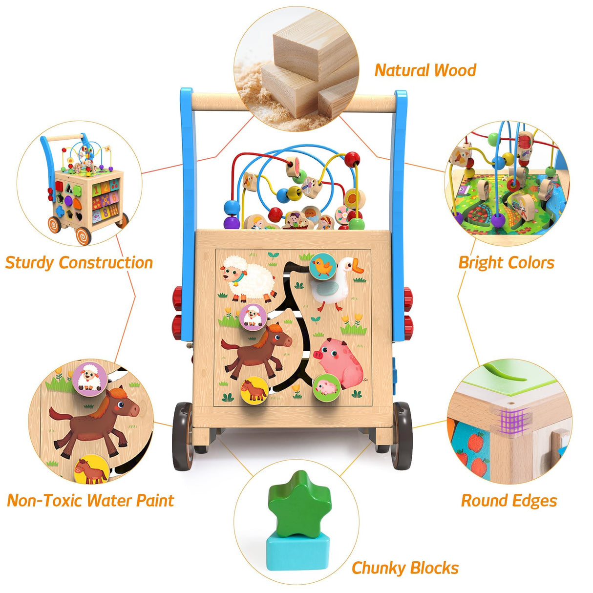 WOODMAM 9-in-1 Wooden Activity Cube | Wooden Baby Walker, Sit-to-Stand Learning Walker Activity Center, Early Educational Push & Pull Toys for Baby Toddler Boys Girls, Height & Brake Adjustable WOODMAM