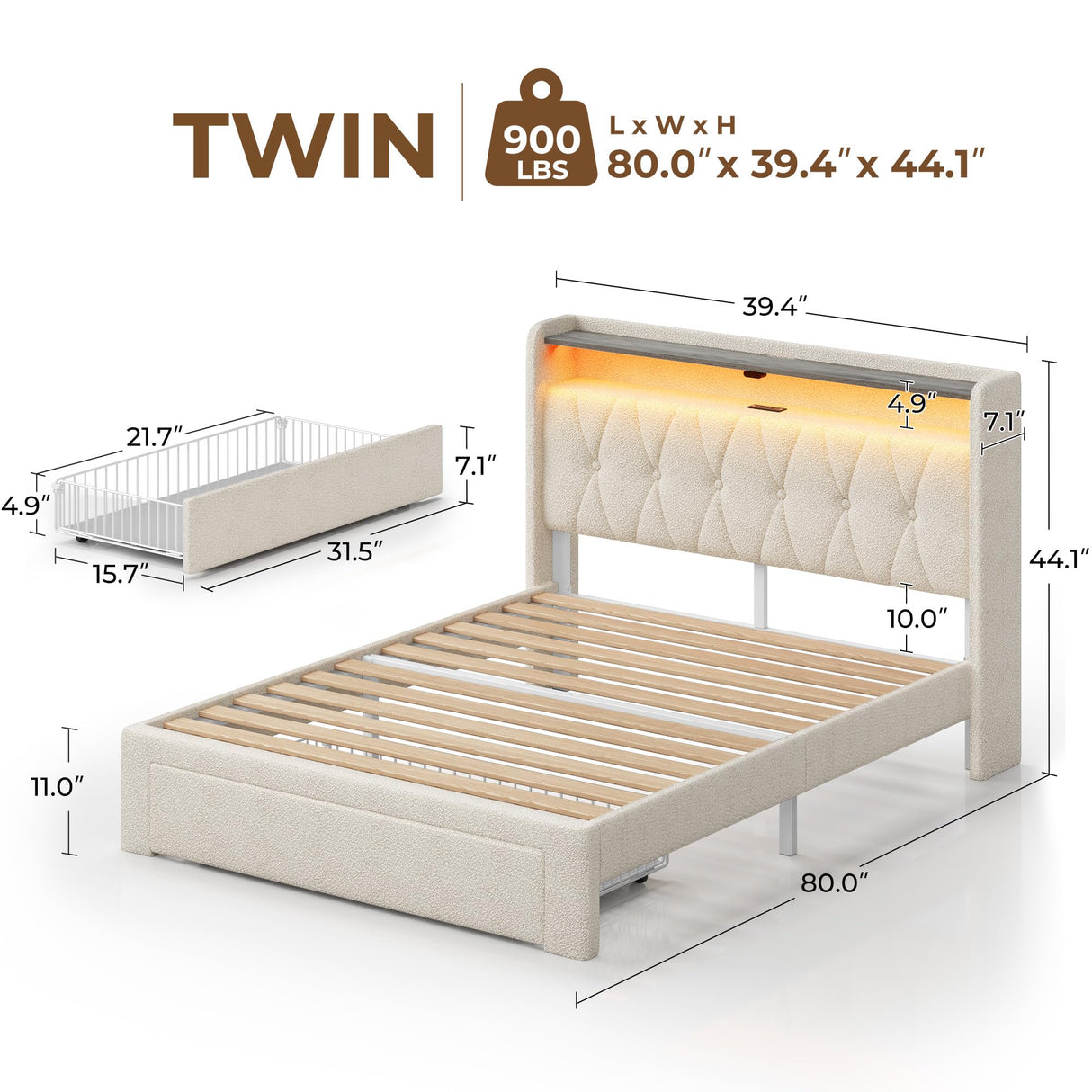 Rolanstar Twin Bed Frame with Drawer, Storage Headboard with Charging Station and LED Lights, Upholstered Bed with Heavy Duty Wood Slats, No Box Spring Needed, Noise Free, Easy Assembly, Beige Rolanstar