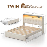 Rolanstar Twin Bed Frame with Drawer, Storage Headboard with Charging Station and LED Lights, Upholstered Bed with Heavy Duty Wood Slats, No Box Spring Needed, Noise Free, Easy Assembly, Beige Rolanstar