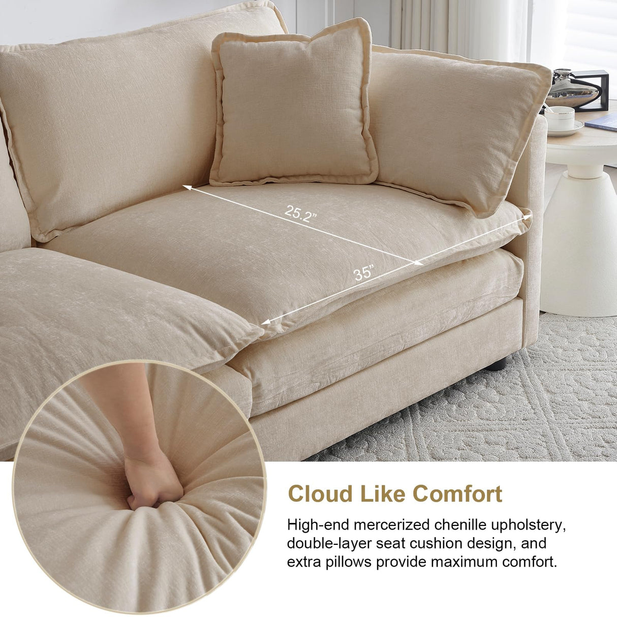 KIVENJAJA Chenille U-Shaped Modular Sectional Couch, Modern Comfy 3 Seater Deep Seat Cloud Couch with 2 Ottomans/Chaises & 5 Pillows for Living Room Office Apartment, 111.5”W, Light Camel KIVENJAJA