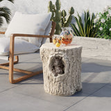 COSIEST Outdoor Antique Beige Side Table Faux Wood, Hand-Painted Wood Stump Stool w Sculpted Squirrel, Outdoor Accent Table, Ottomans, Plant Stand, Deck or Garden COSIEST