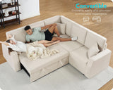 VanAcc Sofa Bed, 85 Inch Sleeper Couch with Storage Seat, L Shaped Sofa with Pull Out Sofa Bed, Sectional Couches for Living Room Apartment, Beige Linen Couch Sofa VanAcc