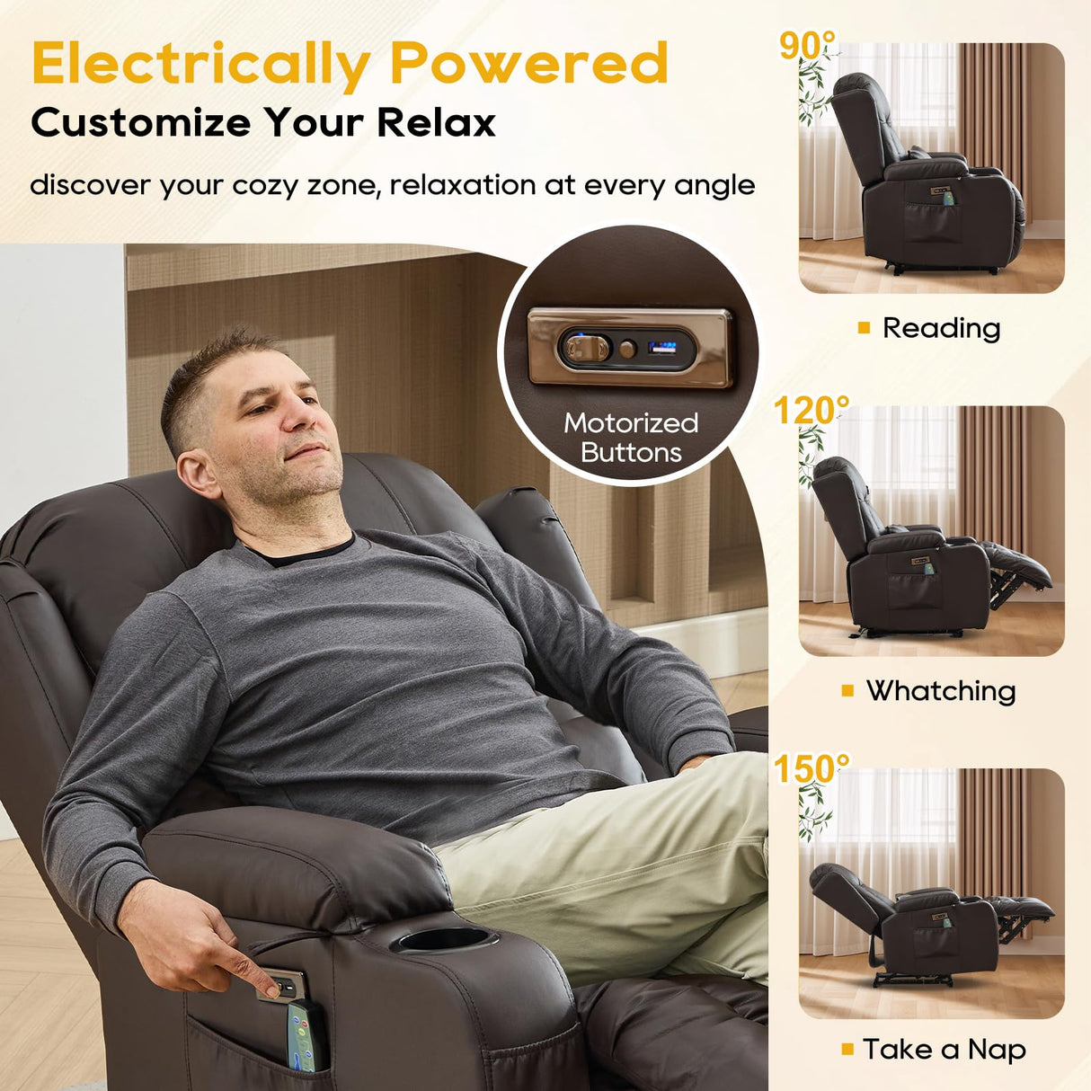 IPKIG Power Recliner Chair for Adults, Wall Hugger RV Recliners with LED Lights/USB Ports/Pillow/Side Pockets, Overstuffed Electric Recliner Sofa Chair for Living Room, Home Theater (1, Brown) IPKIG