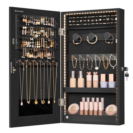 SONGMICS Mirror Jewelry Cabinet Armoire with Built-in LED Lights, Wall or Door Mounted Jewelry Storage Organizer, 3.8 x 14.6 x 26.4 Inches Hanging Mirror Cabinet, Gift Idea, Black UJJC050B01 SONGMICS