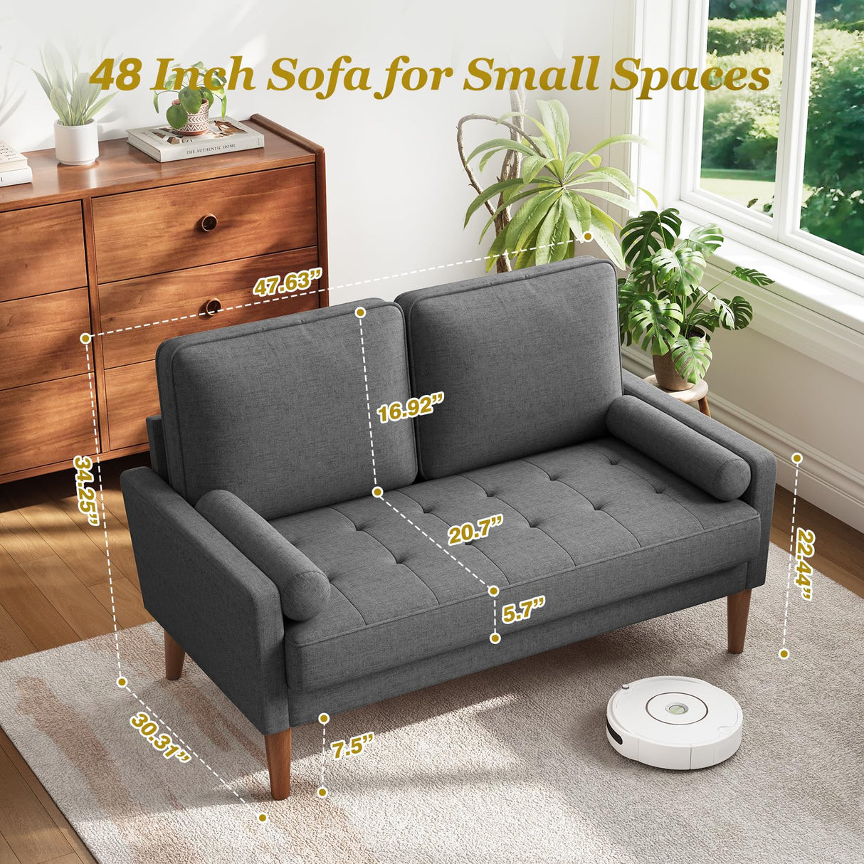 Loveseat Sofa with Solid Wood Legs, 48" Small Couches for Small Spaces, Love Seat for Living Room, Bedroom, Easy Assembly Mid Century Modern Couch with Throw Pillow for Apartment, Grey Vesgantti