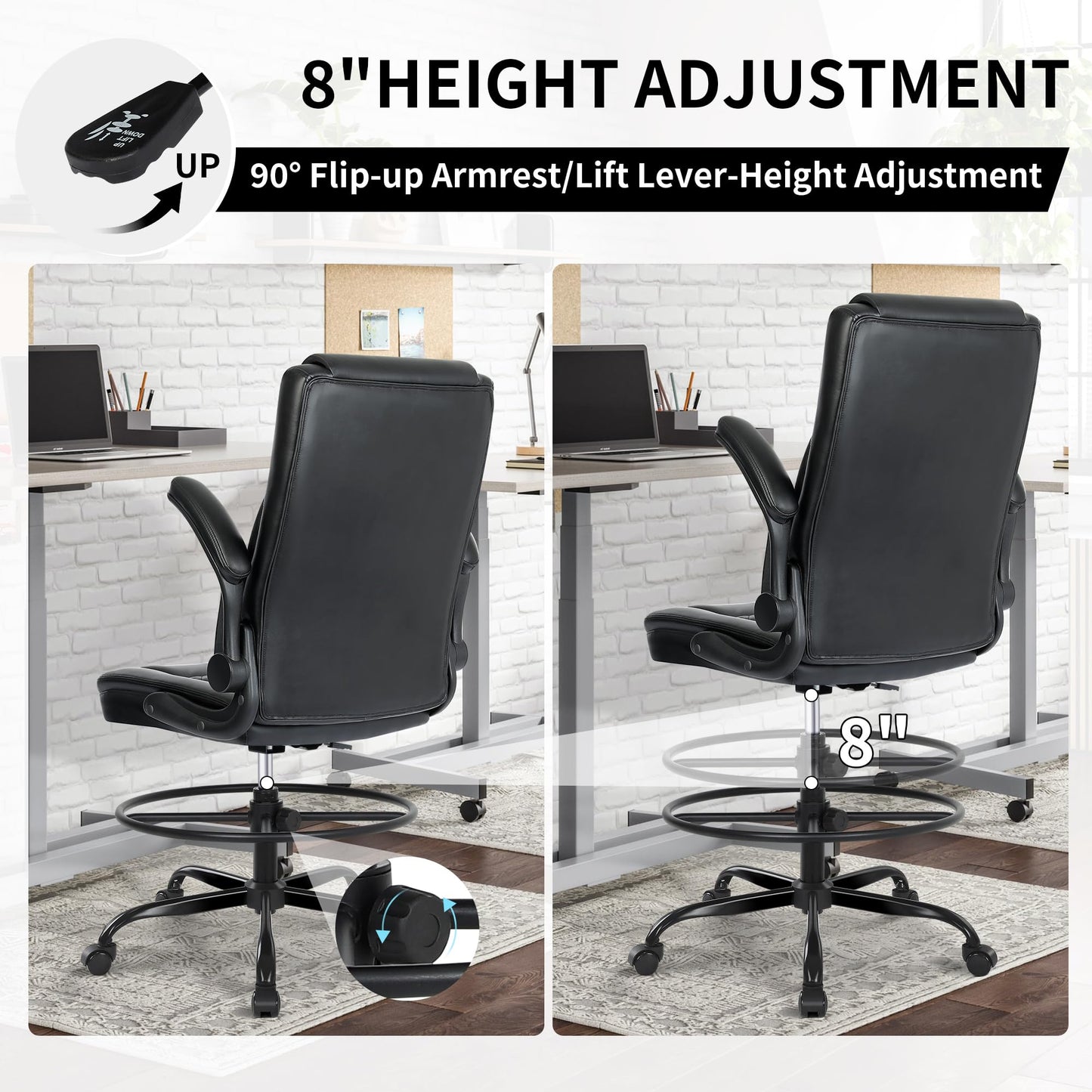 Misolant Drafting Chair, Tall Office Chair for Standing Desk, Standing Desk Chair with Adjustable Height and Flip-up Arm, Leather Drafting Chair, High Office Chair for Counter Height Desk