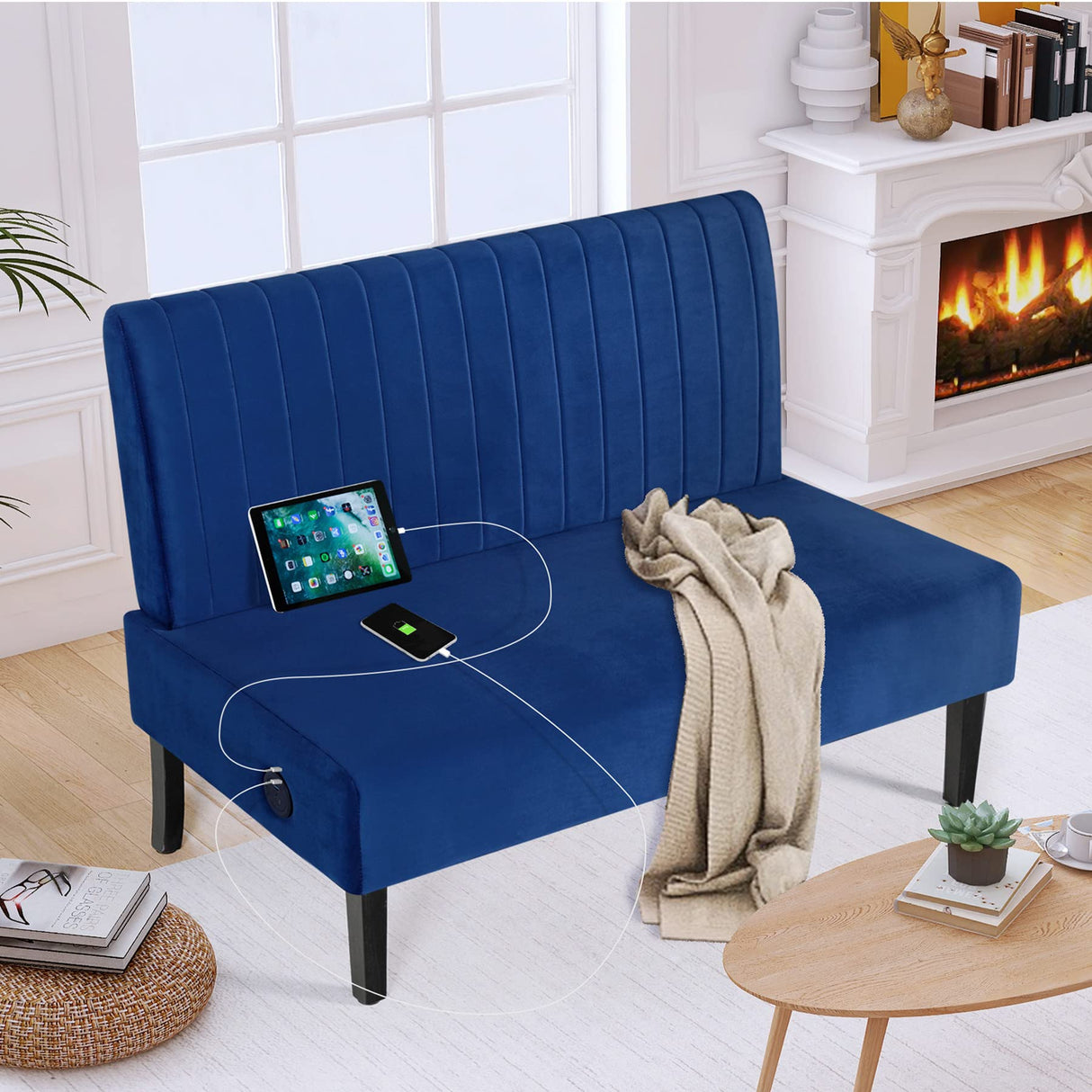STHOUYN Mini Comfy Couch Armless Loveseat Sofa with USB Port, Velvet Couches for Small Spaces Living Room, Apartment Office Dorm (Navy Blue) STHOUYN