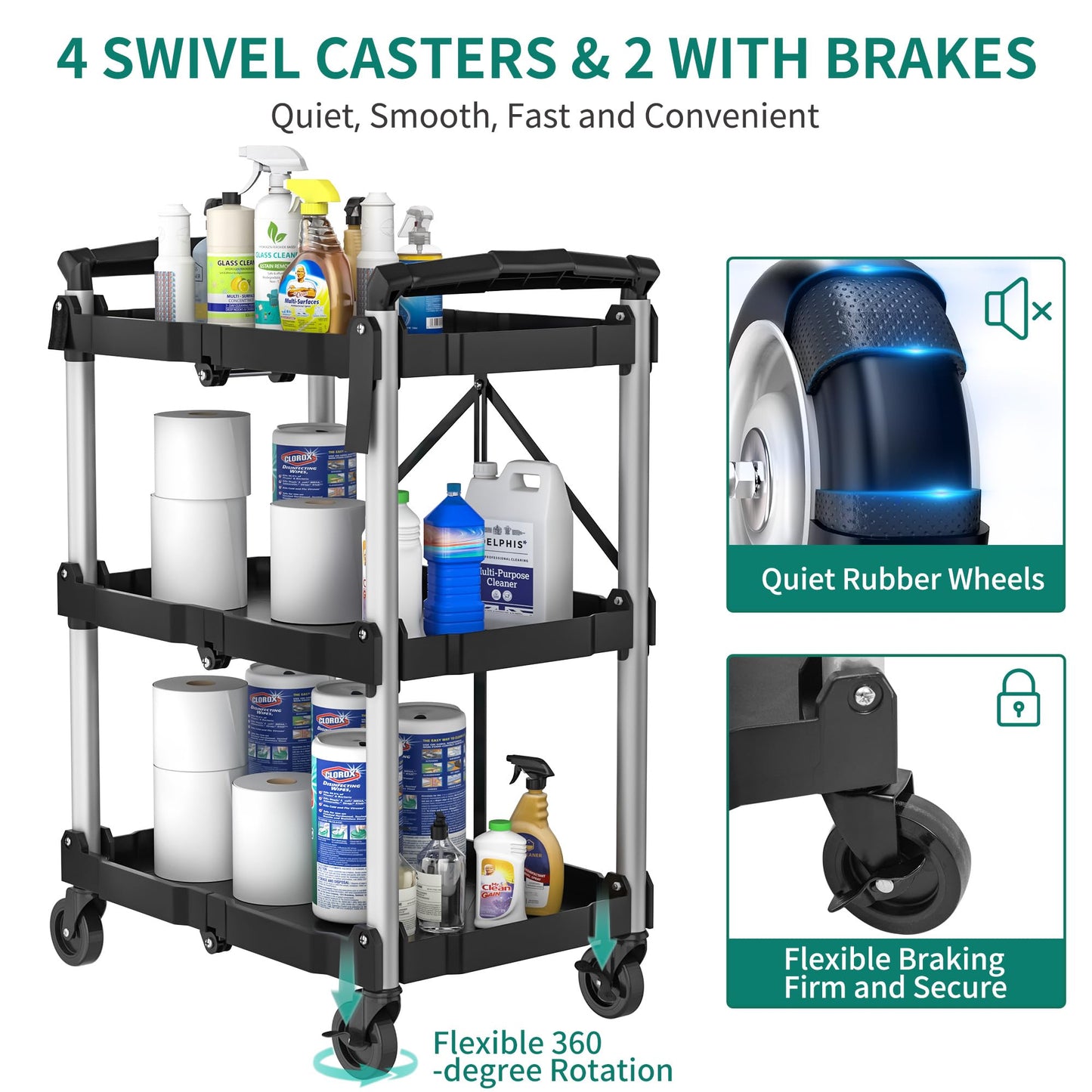 YITAHOME Folding Utility Service Cart, 350LBS 3 Tier Foldable Cart with Wheels Collapsible Cart on Wheels with 360°Swivel Wheels (2 with Brakes), Portable Cart for Home Garage Restaurant Office